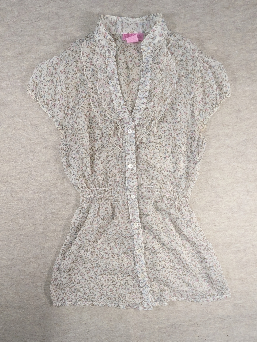Sheer Floral Blouse Button Front Feminine Gorgeous Fairy Whimsy She's Cool S-M